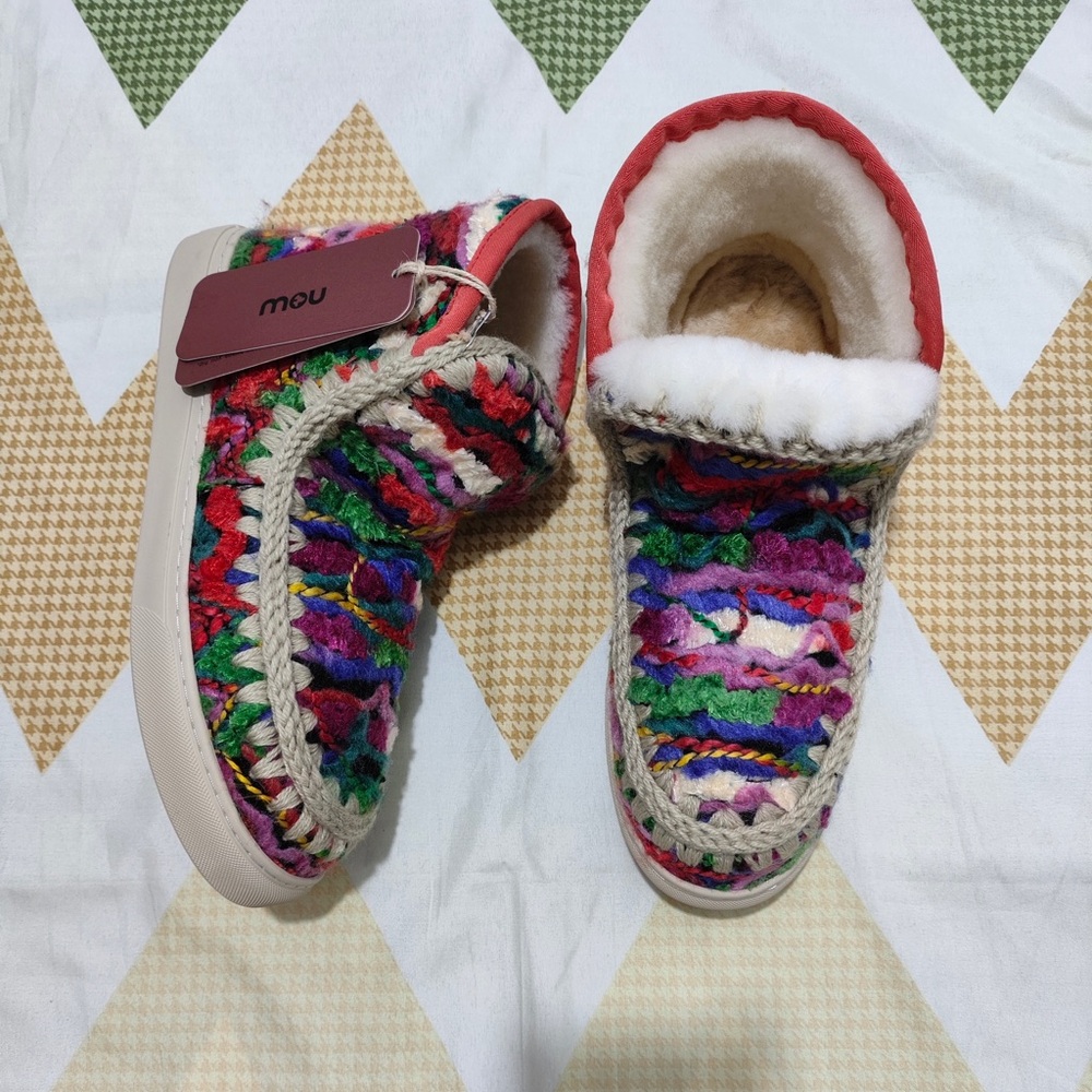 Mou Multicolor Knit Ankle Booties with Red Trim